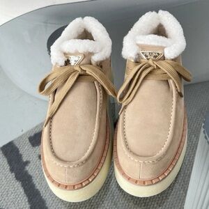 Women's Prada Light Brown Suede Shearling-Lined Platform Lace-Up Ankle Boots